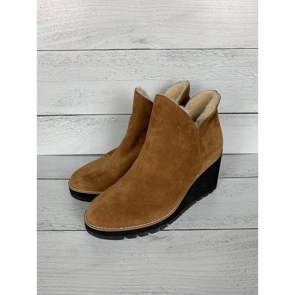 Eileen Fisher Women's 9 Chalet Brown Chestnut Shearling Fur Wedge Booties $275